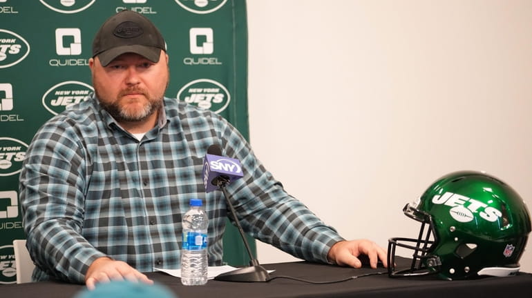 Jets general manager Joe Douglas speaks to the media at the...