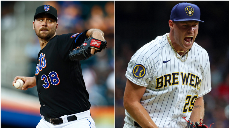 Mets starting pitcher Tylor Megill, left, and Brewers reliever Trevor...