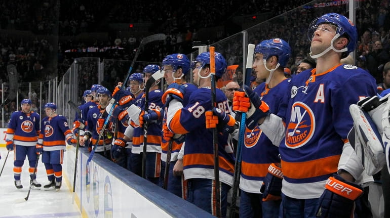The Islanders look on before a game against the Philadelphia...