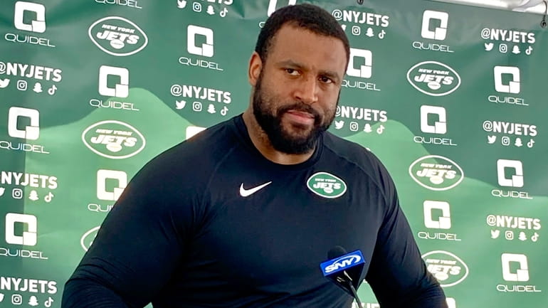 Jets offensive tackle Duane Brown speaks to reporters at the...
