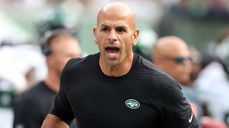 Jets head coach Robert Saleh yells on the sidelines during...