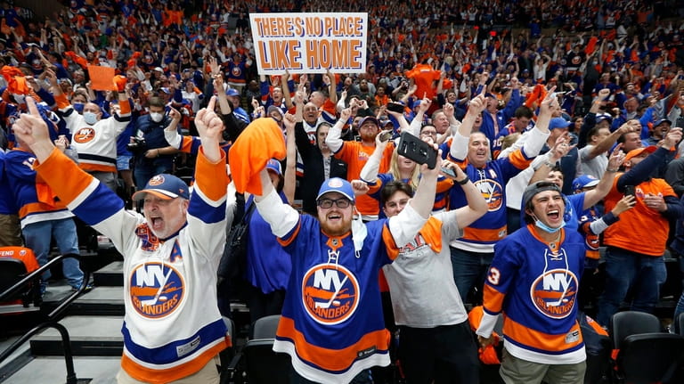 Islanders fans celebrates a goal during the second period against...