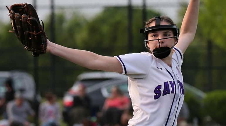 Sayville starting pitcher Maddie Recker delivers a pitch to Islip...