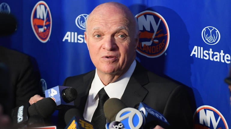 Islanders general manager Lou Lamoriello speaks with the media at...