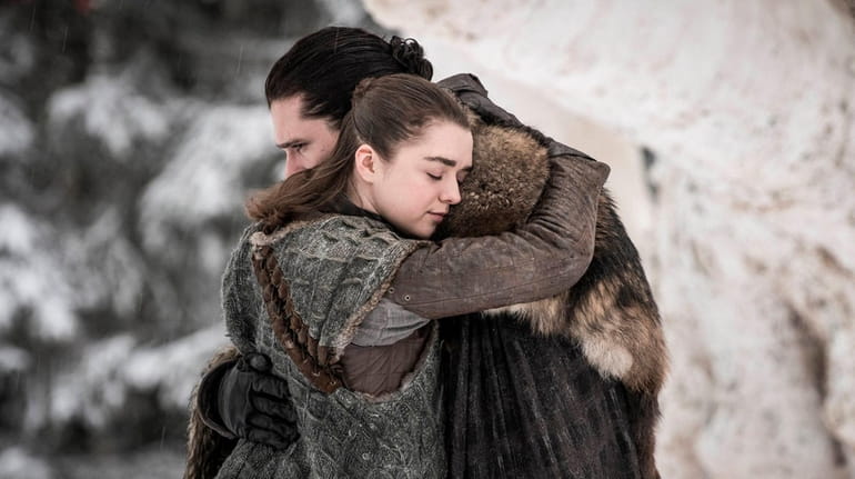 Actors Maisie Williams and Kit Harington in a scene from...