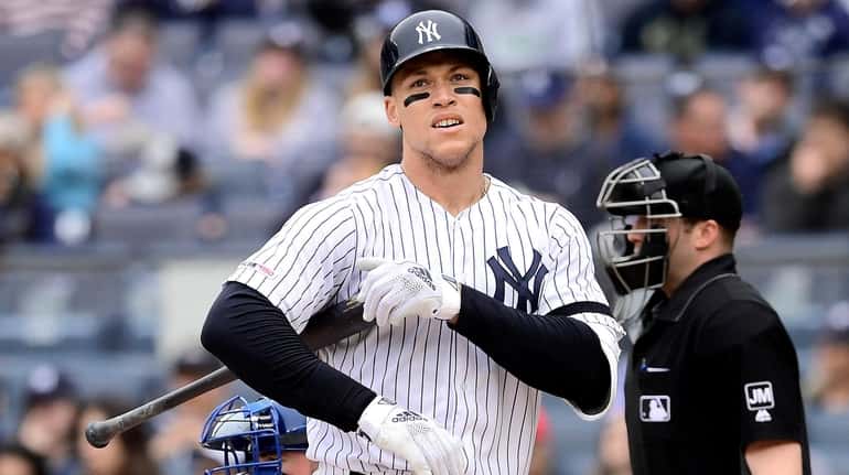 Aaron Judge of the Yankees reacts during the third inning...