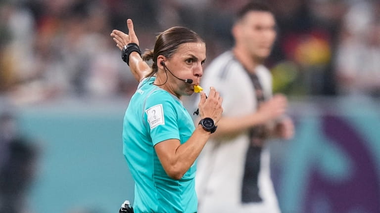 FILE - Referee Stephanie Frappart in action during the World...