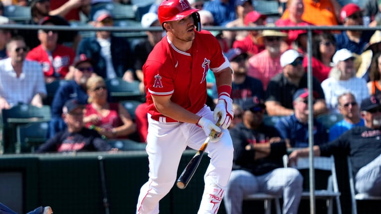 Los Angeles Angels' Mike Trout runs out a fly-out against...