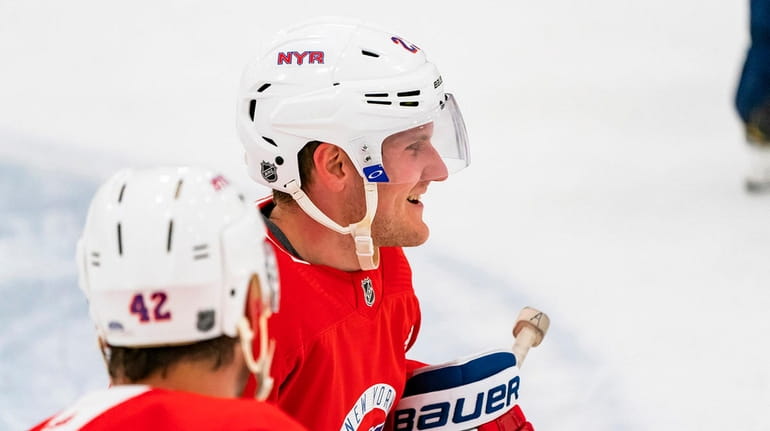 Adam Fox at Rangers practice on July 17, 2020 at...