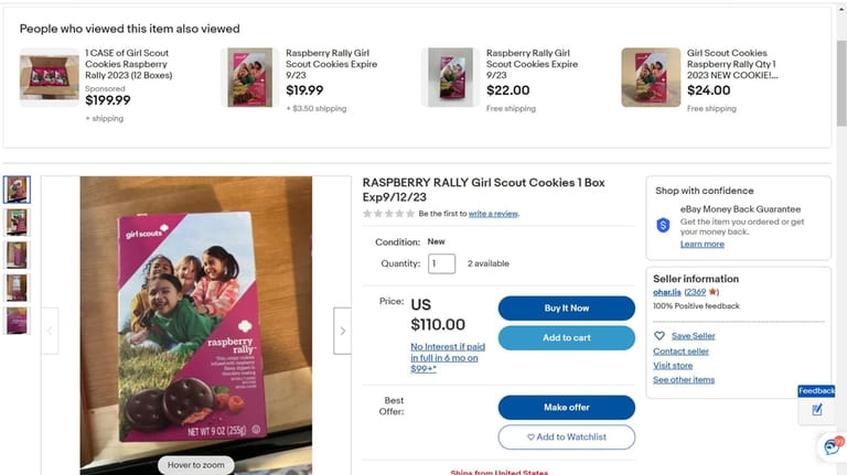 Shown on eBay.com, Raspberry Rally Girl Scout cookies are selling for...