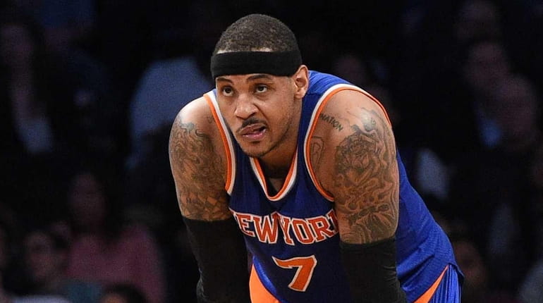 New York Knicks forward Carmelo Anthony looks on against the...