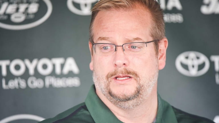 New York Jets general manager Mike Maccagnan speaks to the...