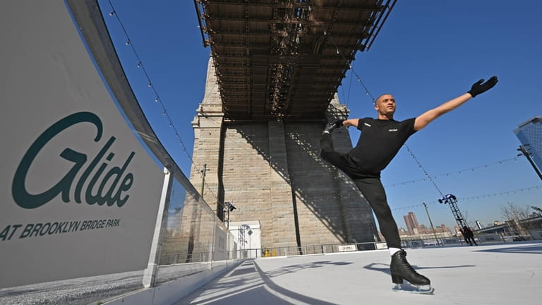 Ice skate under the Brooklyn Bridge at Glide, an ice...