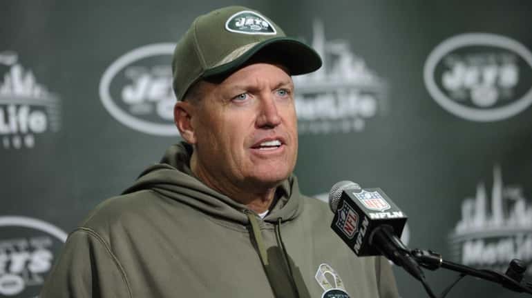 New York Jets head coach Rex Ryan speaks during a...