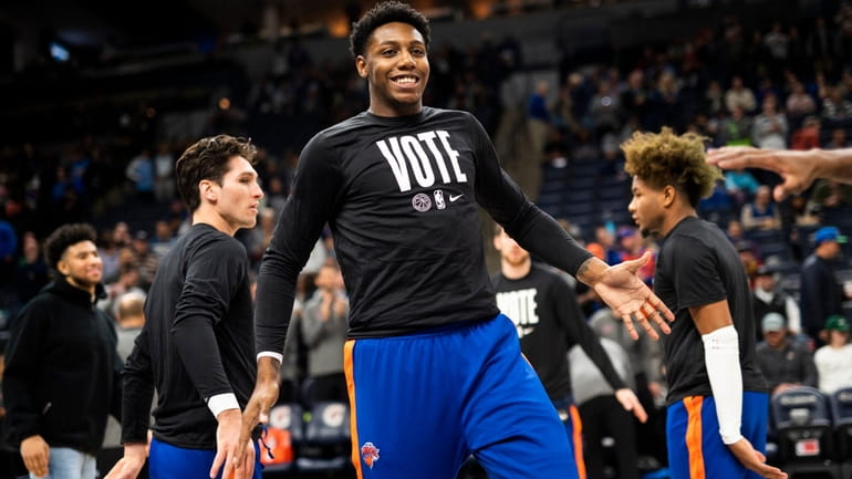 RJ Barrett of the New York Knicks during player introductions...