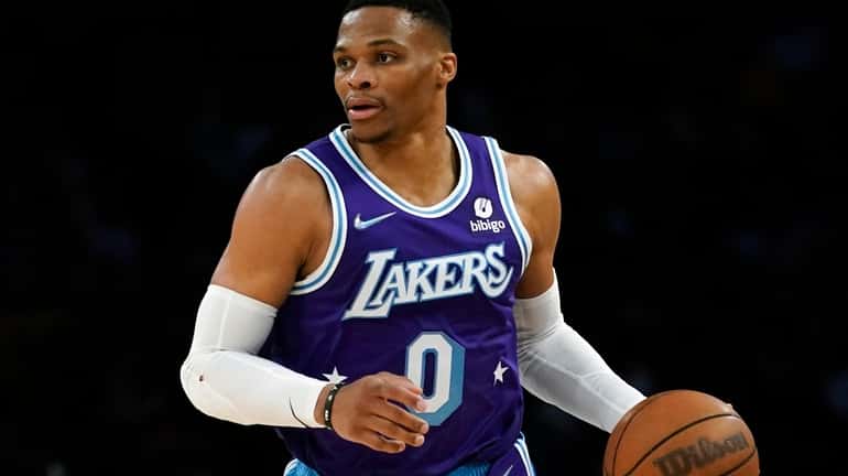 FILE - Los Angeles Lakers guard Russell Westbrook (0) controls...