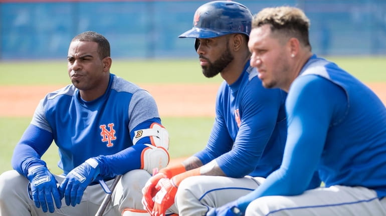 From left, Yoenis Cespedes, Jose Reyes and Asdrubal Cabrera during...