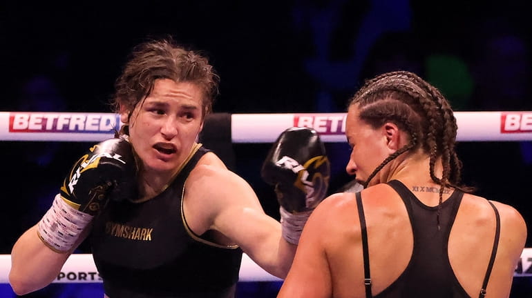 Ireland's Katie Taylor, left, lands a punch on Britain's Chantelle...