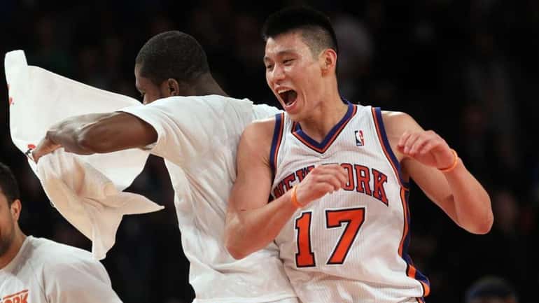 Jeremy Lin of the New York Knicks celebrates in the...