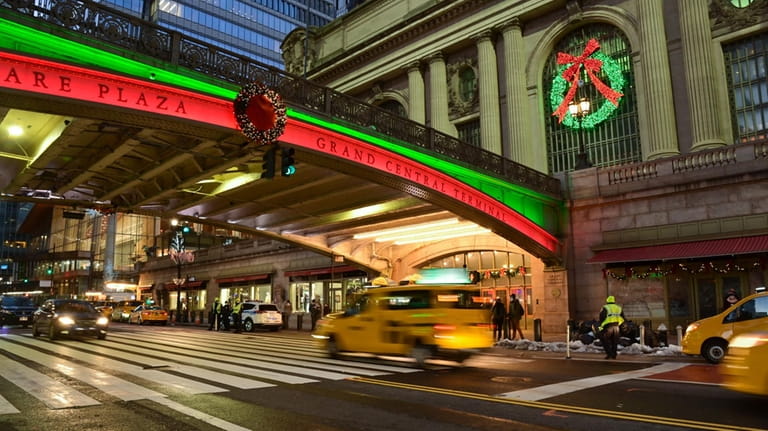 View of Christmas decorations outside Grand Central Terminal.