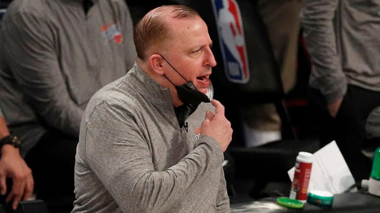 Knicks head coach Tom Thibodeau reacts during the second quarter against...