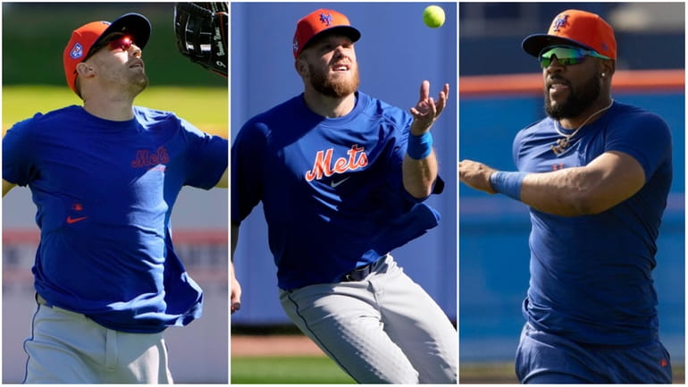 From left, Mets outfielders Brandon Nimmo, Harrison Bader and Starling...