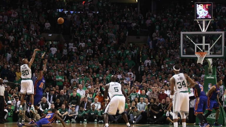 Ray Allen #20 of the Boston Celtics shoots the game...