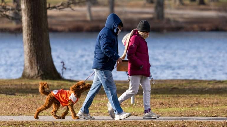 Bundled up for the cold, a couple walks their dog...