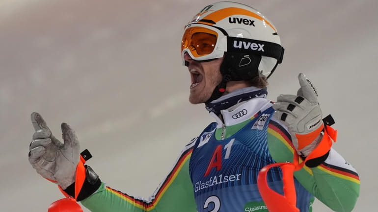 Germany's Linus Strasser reacts after winning an alpine ski, men's...