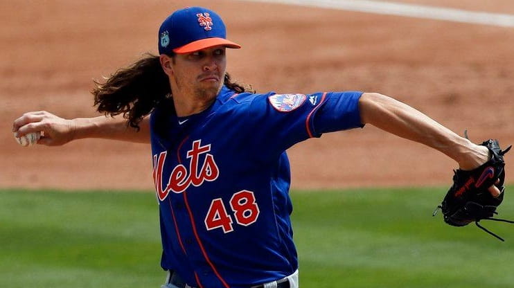 New York Mets starting pitcher Jacob deGrom works the second...