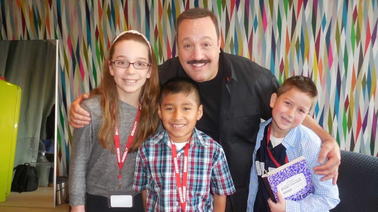 Actor Kevin James ("Mall Cop 2") with Kidsday reporters Violet...