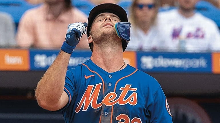 Mets infielder Pete Alonso gets ready to bat during a...