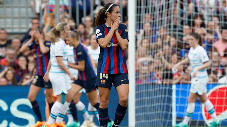 Barcelona's Aitana Bonmati reacts during the Women's Champions League semifinal,...