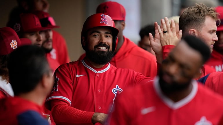 Los Angeles Angels' Anthony Rendon celebrates in the dugout after...
