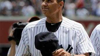 Former Yankees manager Joe Torre reacts during Old Timers' Day...