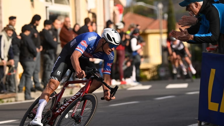 Netherlands' Mathieu Van der Poel pedals on his way to...