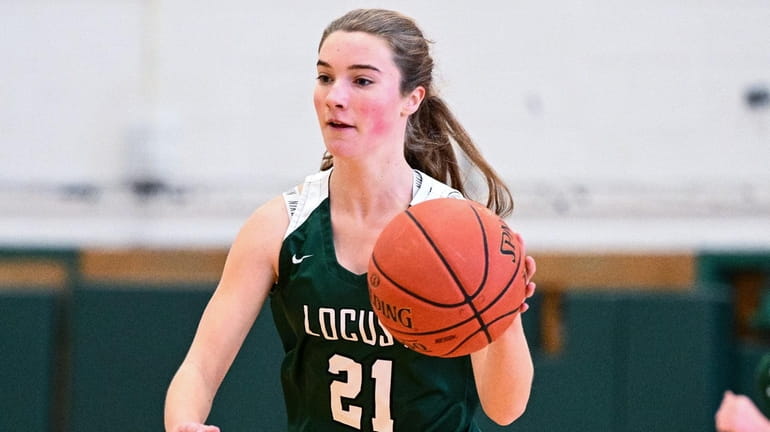 Payton Tini of Locust Valley charges downcourt during a Nassau...
