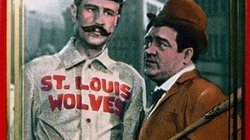 Bud Abbott and Lou Costello, with bat, appear in this...