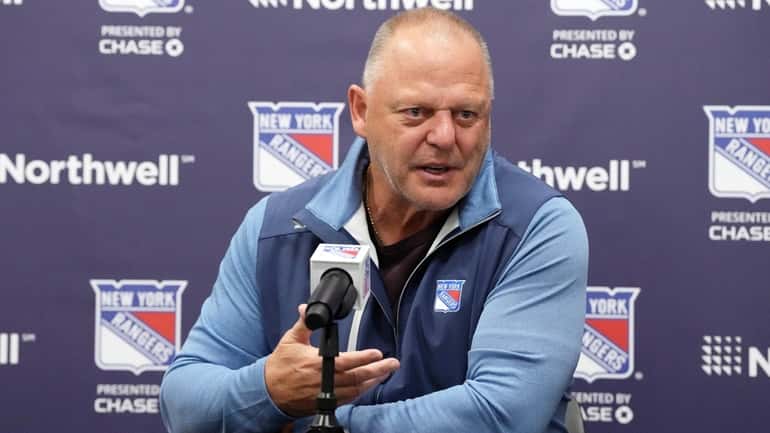 Rangers head coach Gerard Gallant speaks to the media at the...