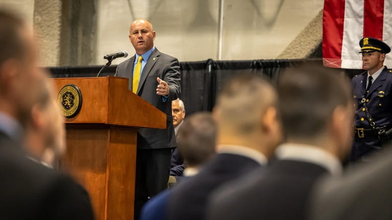 Nassau County Police Commissioner Patrick Ryder addresses new police recruits during...