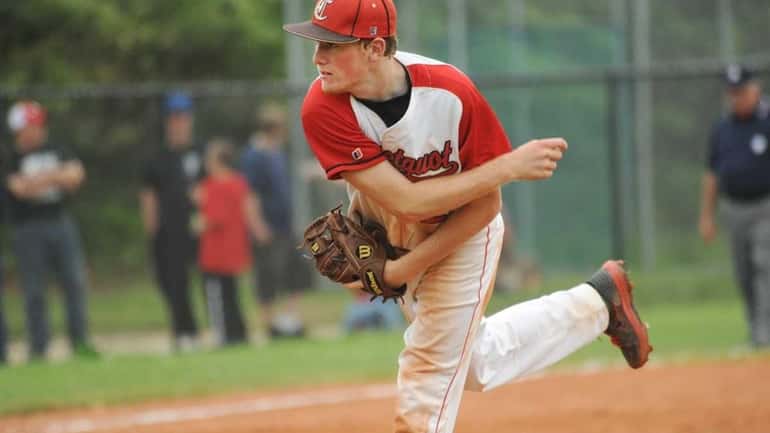 Connetquot relief pitcher Casey Baker closes out the Suffolk baseball...