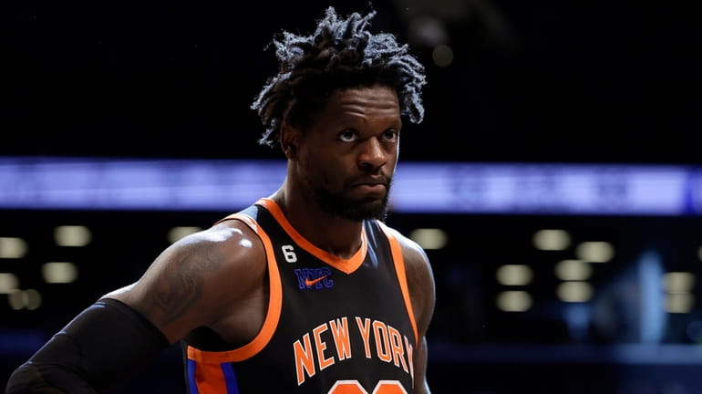 Julius Randle of the Knicks looks on against the Nets at...