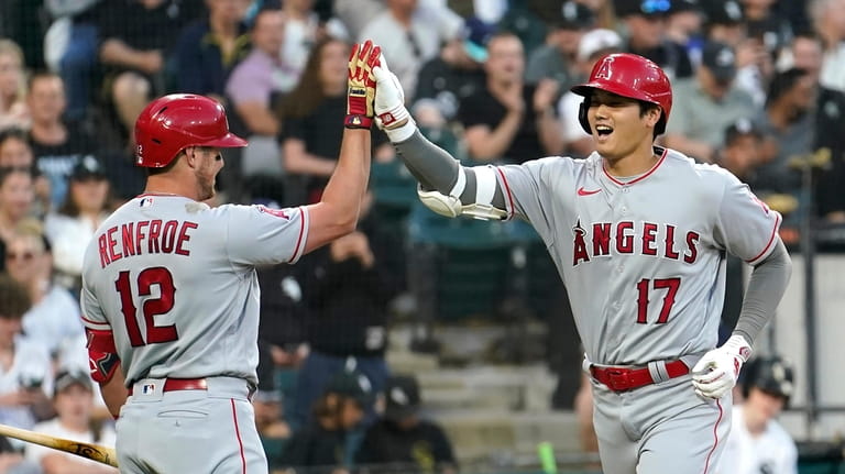 Los Angeles Angels' Shohei Ohtani celebrates his home run off...