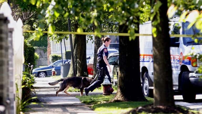 Police investigate the scene of a raid Thursday morning in...