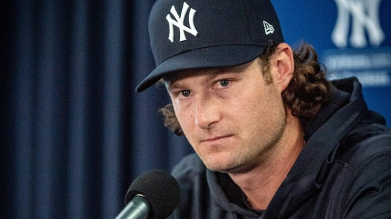 Yankees pitcher Gerrit Cole speaks during a news conference at...