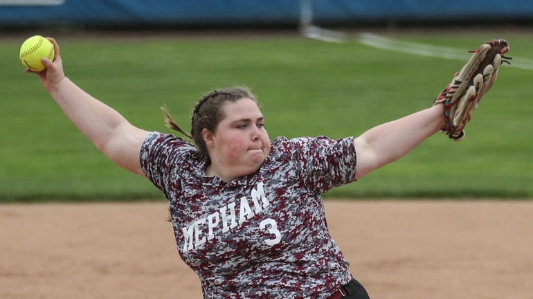 Mepham relief pitcher Sydney LaMagra throws to the plate during...