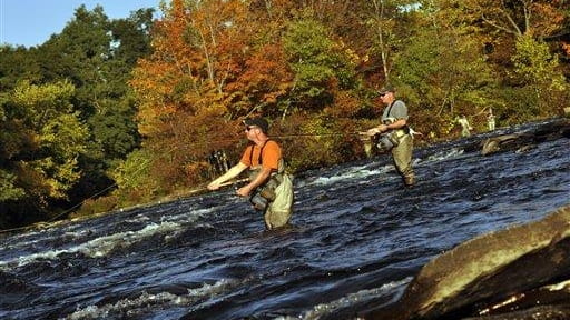 Anglers cast their lines into the Salmon River in Pulaski,...