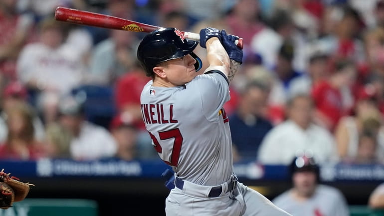 St. Louis Cardinals' Tyler O'Neill plays during a baseball game,...
