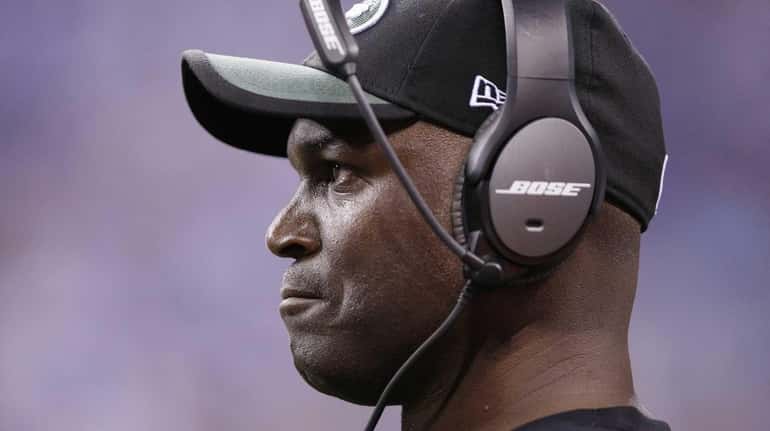 New York Jets head coach Todd Bowles looks on against...