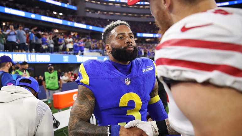 Odell Beckham Jr. #3 of the Los Angeles Rams reacts...